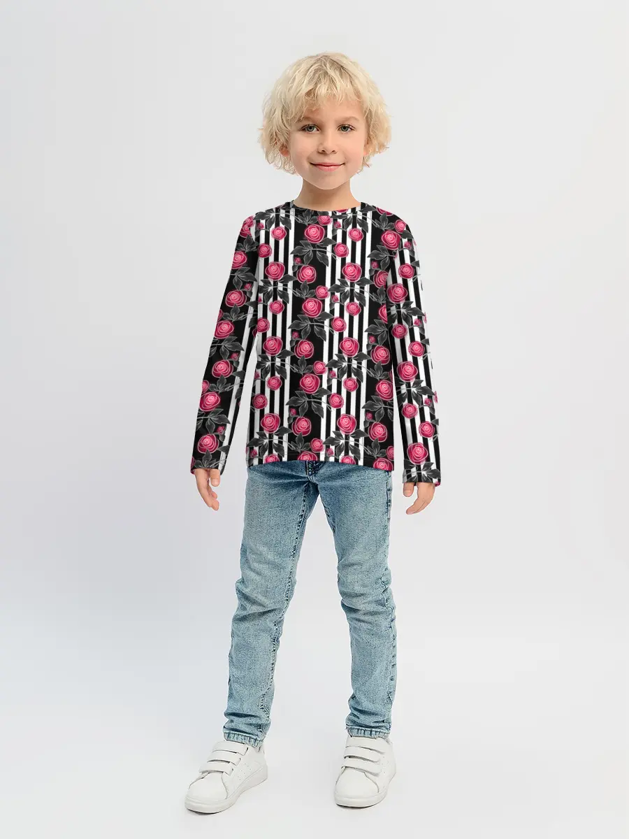Детский лонгслив / акварельные розы на полосатом