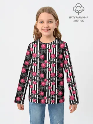 Детский лонгслив / акварельные розы на полосатом