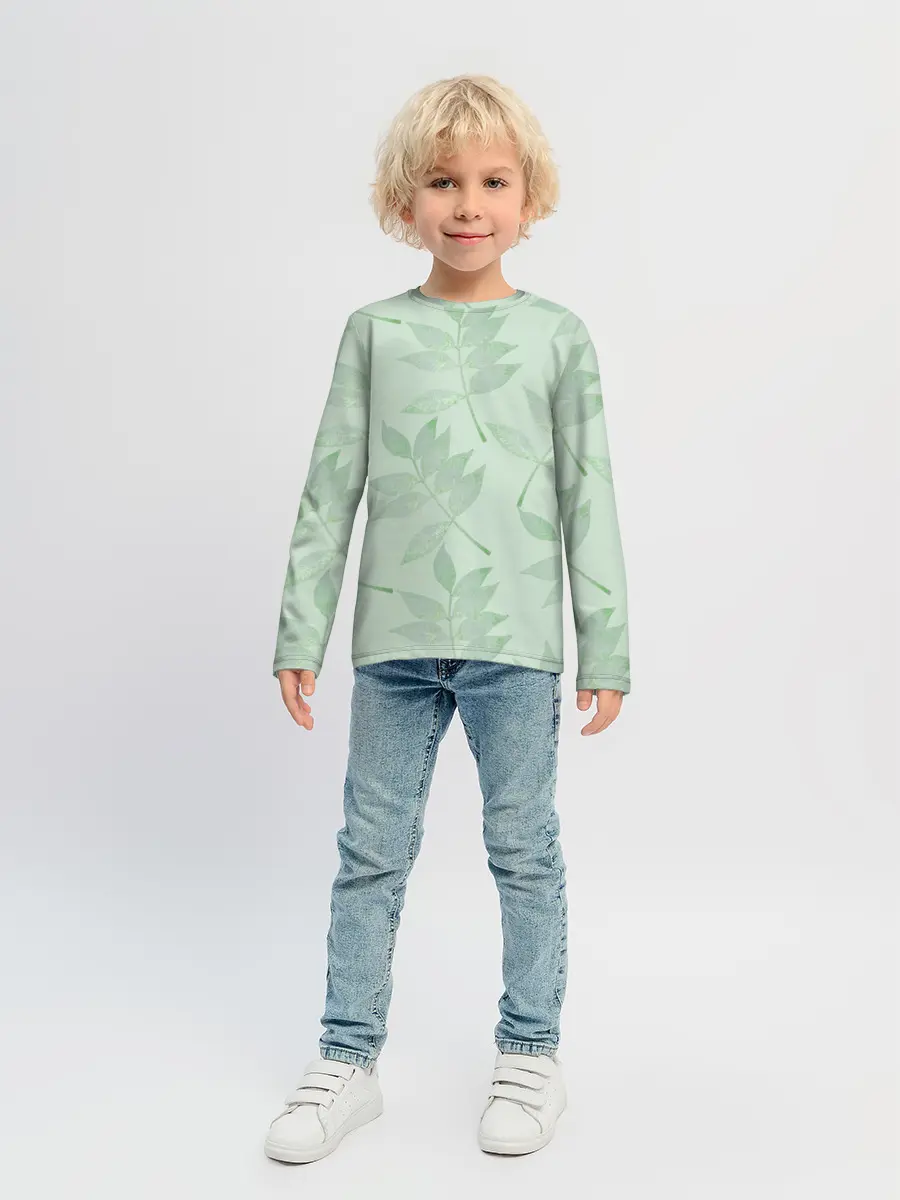 Детский лонгслив / Зеленые листья на светло зеленом