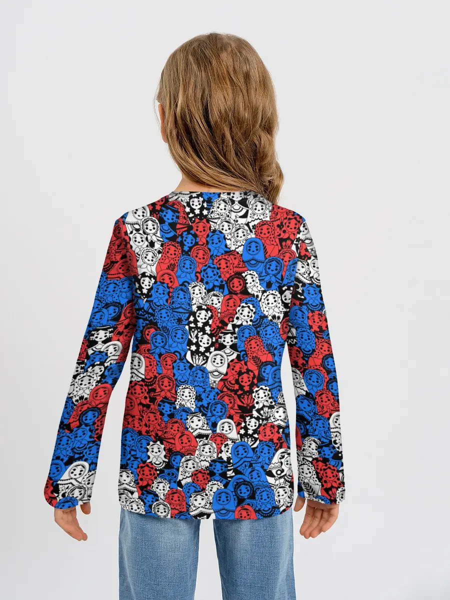 Детский лонгслив / Бело-сине-красные матрёшки