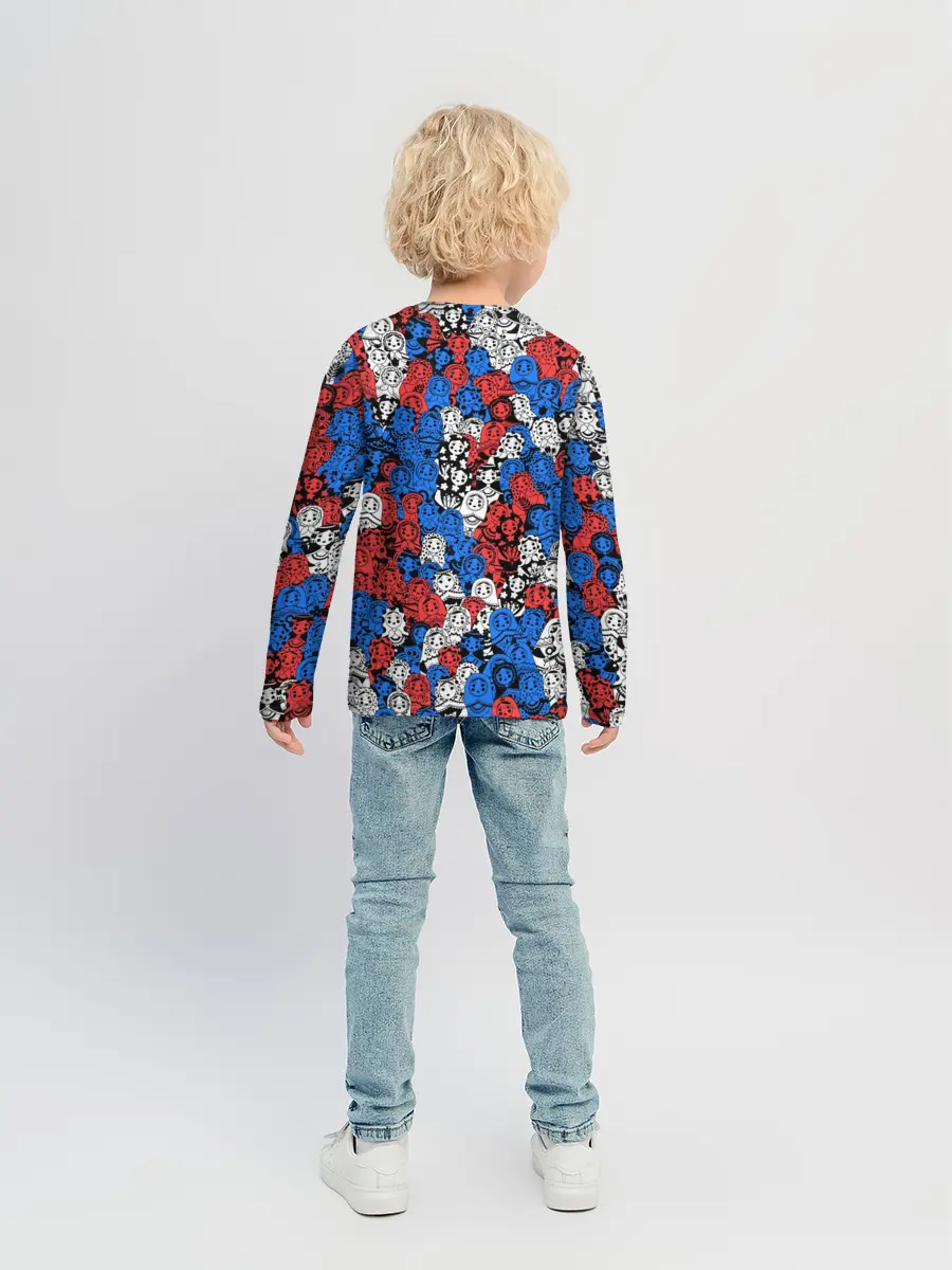 Детский лонгслив / Бело-сине-красные матрёшки