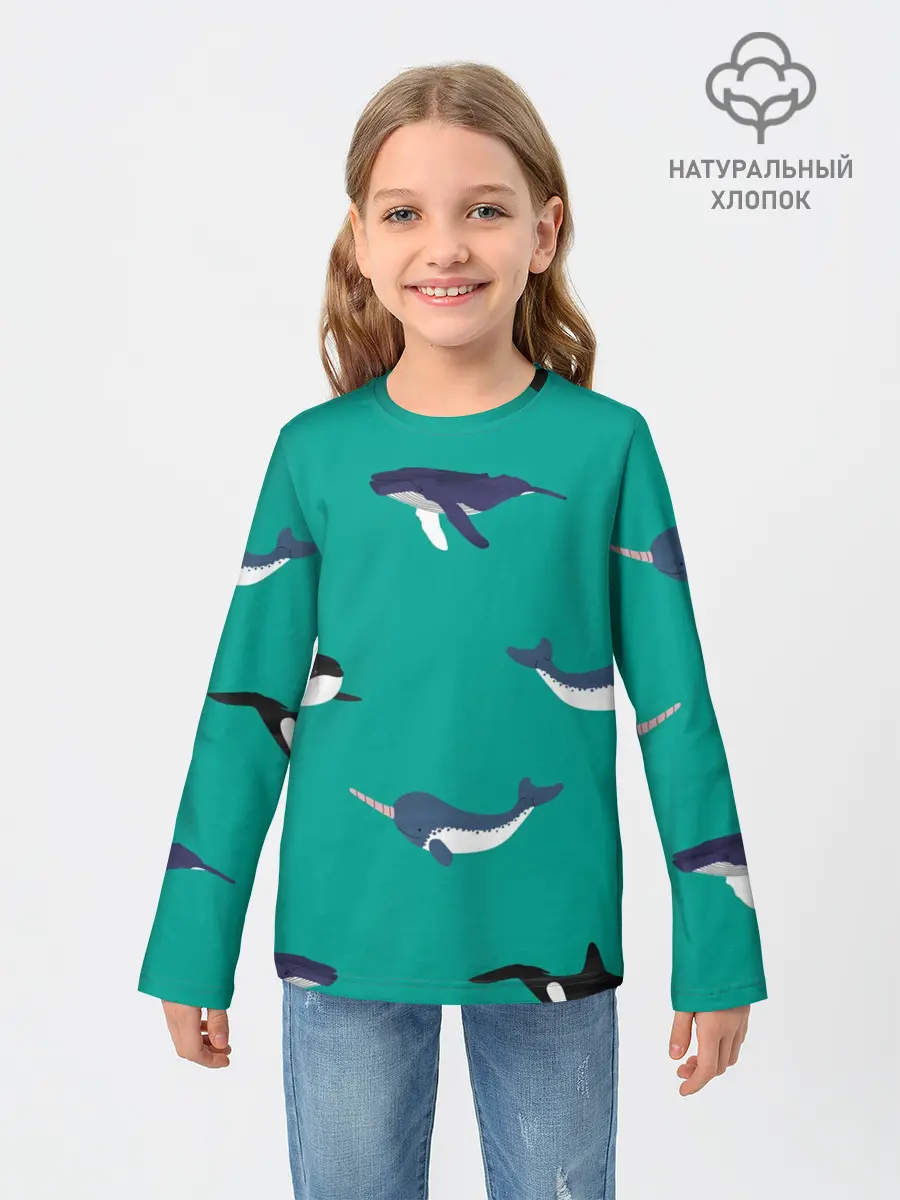 Детский лонгслив / Нарвал, киты, касатка паттерн