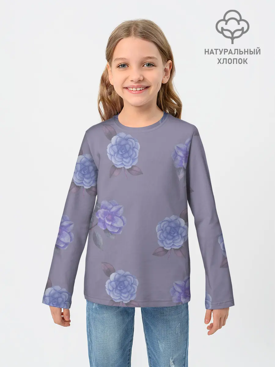 Детский лонгслив / Голубые камелии на сером