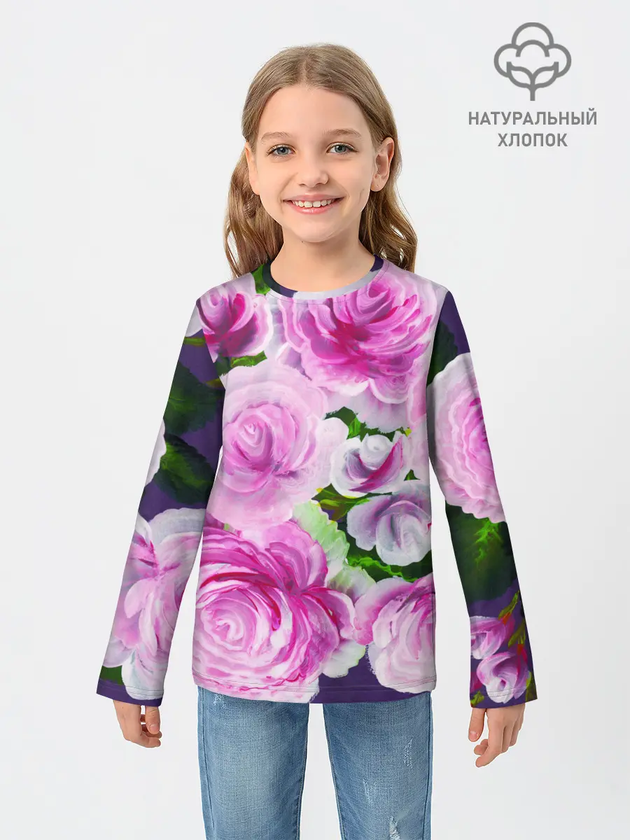 Детский лонгслив / Цветы Розовые Розы красками