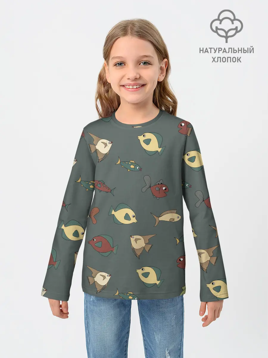 Детский лонгслив / Морские рыбки на зеленом фоне