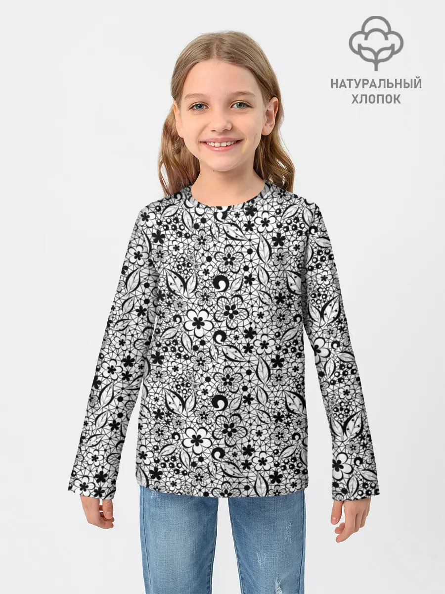 Детский лонгслив / Черное кружево цветочное