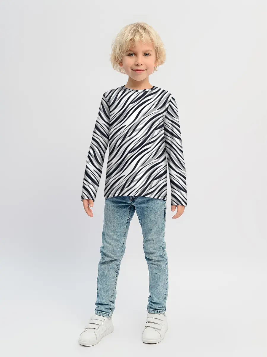 Детский лонгслив / Черно-белый полосатый тигровый