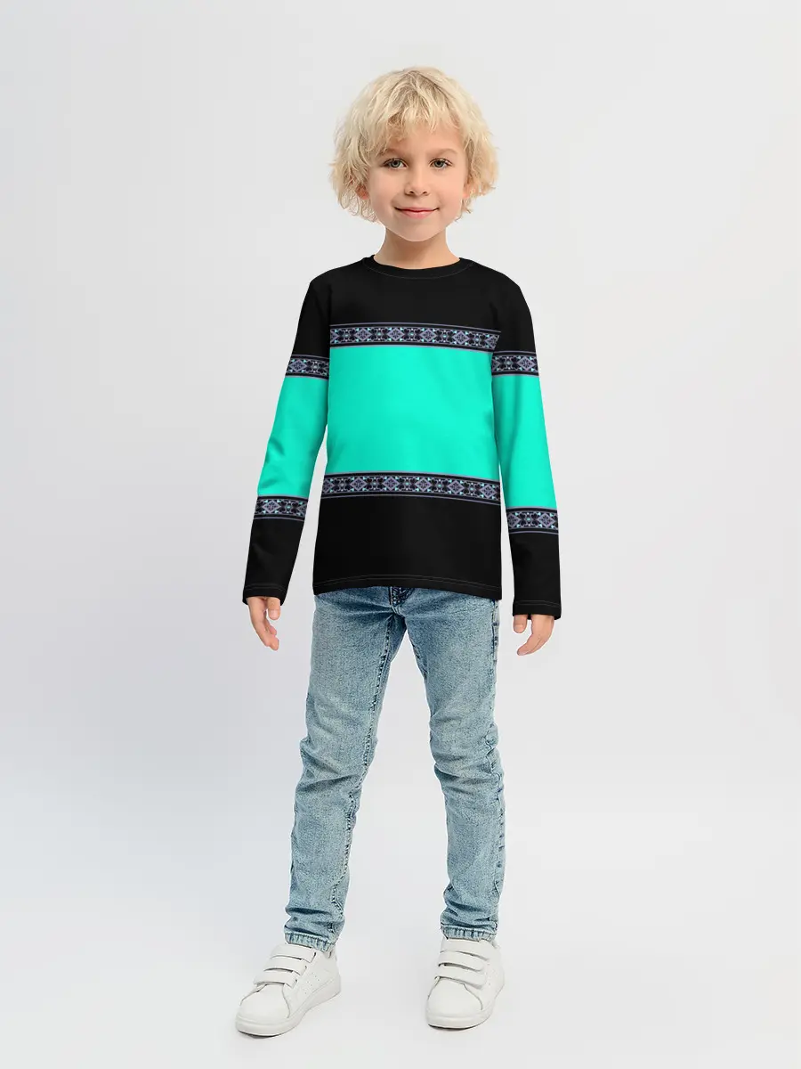 Детский лонгслив / Черно-бирюзовый узор