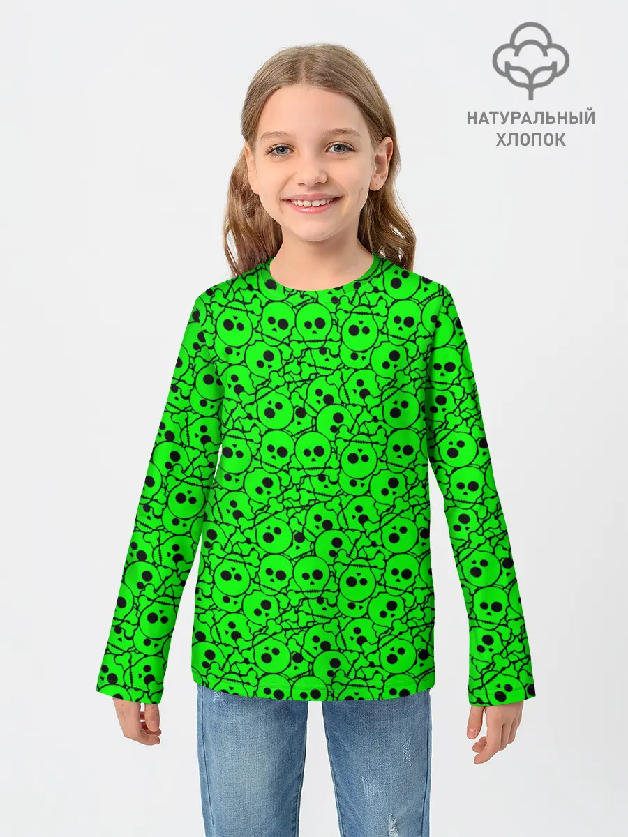 Детский лонгслив / Черепа на кислотно-зеленом фоне