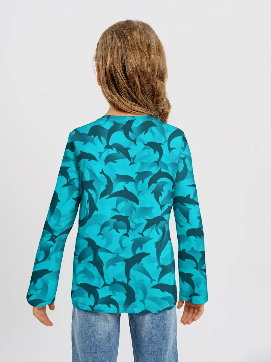 Детский лонгслив / Синий камуфляж с дельфинами