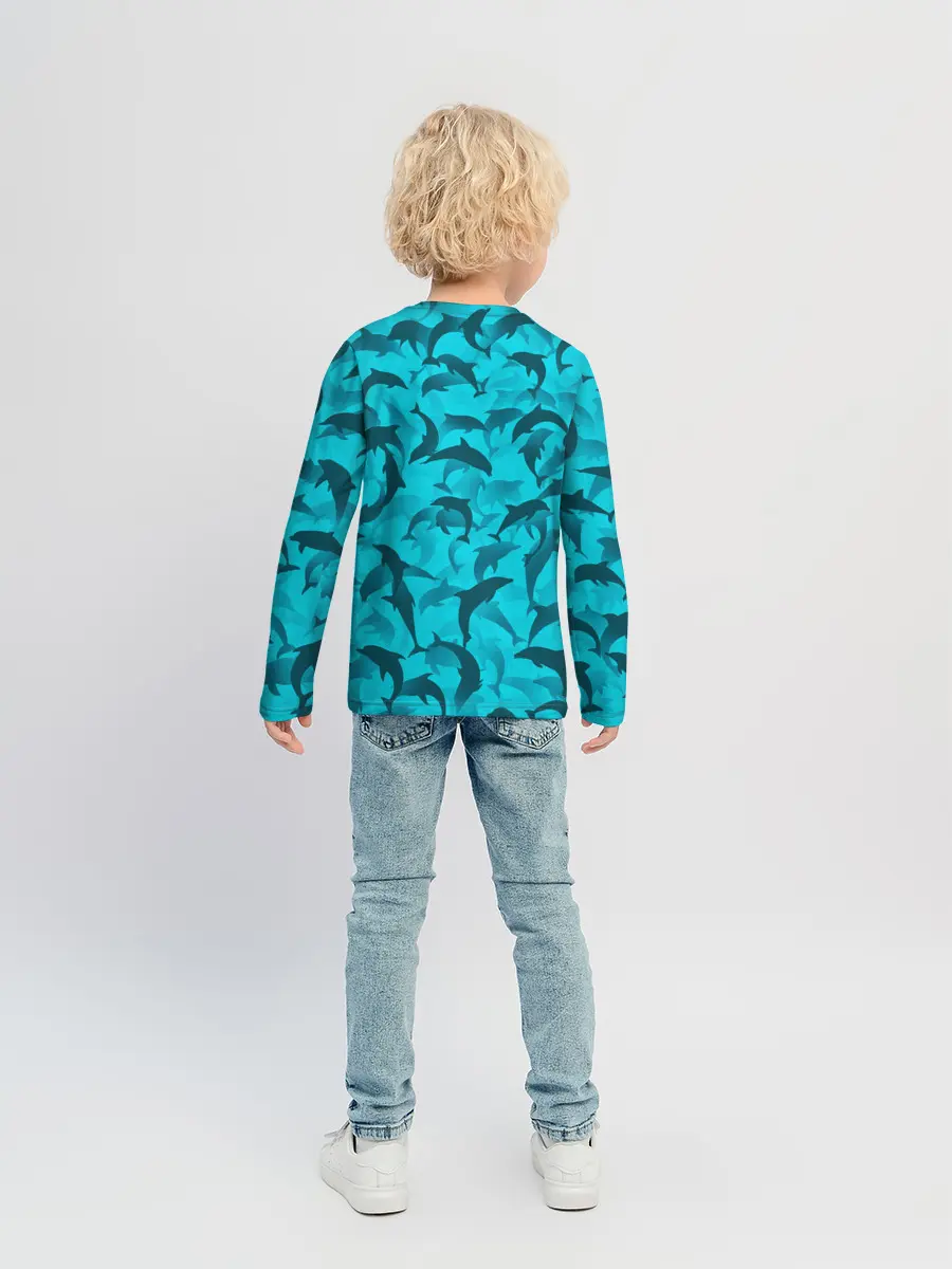Детский лонгслив / Синий камуфляж с дельфинами