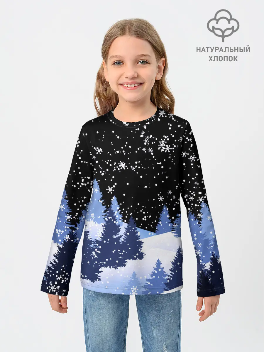 Детский лонгслив / Снежная ночь в зимнем лесу