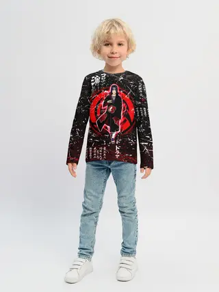 Детский лонгслив / ИТАЧИ УЧИХА ИЕРОГЛИФЫ гранж