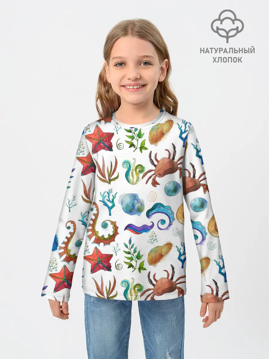 Детский лонгслив / Морской паттерн с крабами и водорослями