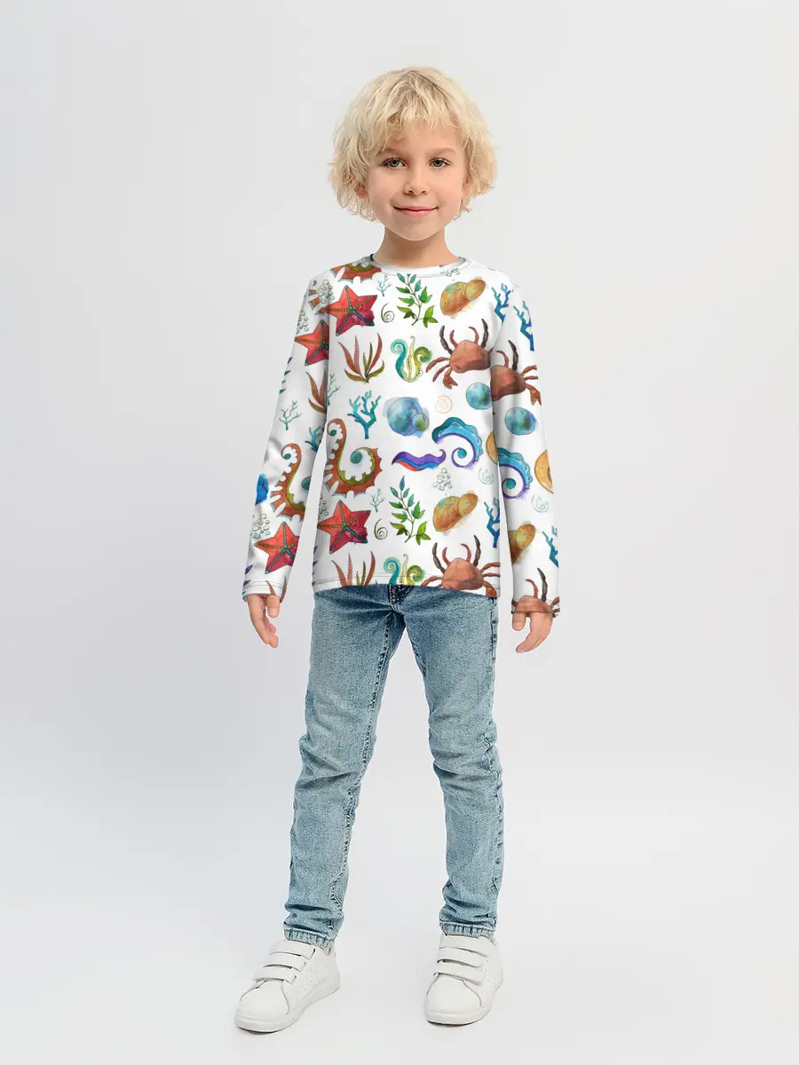 Детский лонгслив / Морской паттерн с крабами и водорослями
