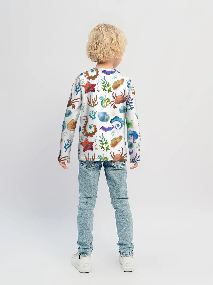 Детский лонгслив / Морской паттерн с крабами и водорослями