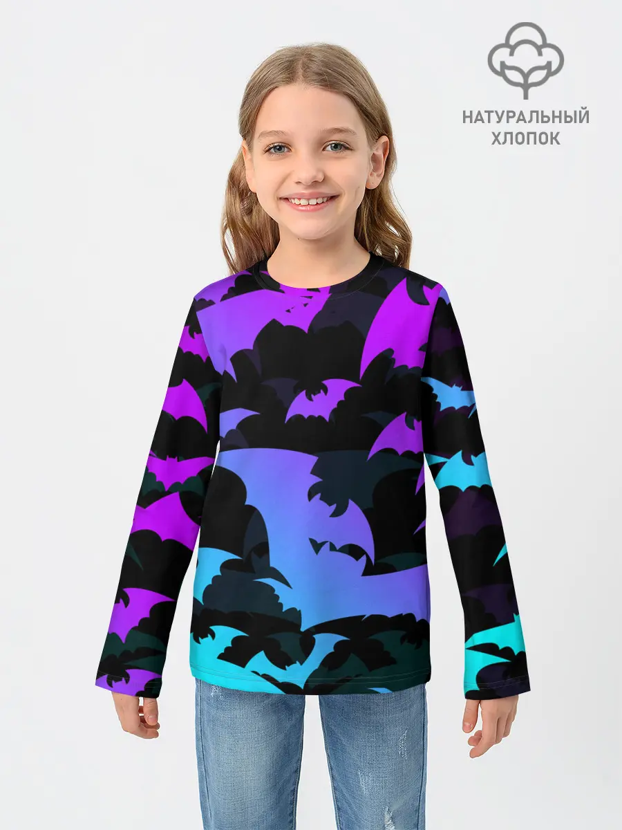 Детский лонгслив / ЛЕТУЧИЕ МЫШИ ХЕЛЛОУИН НЕОН / HALLOWEEN NEON