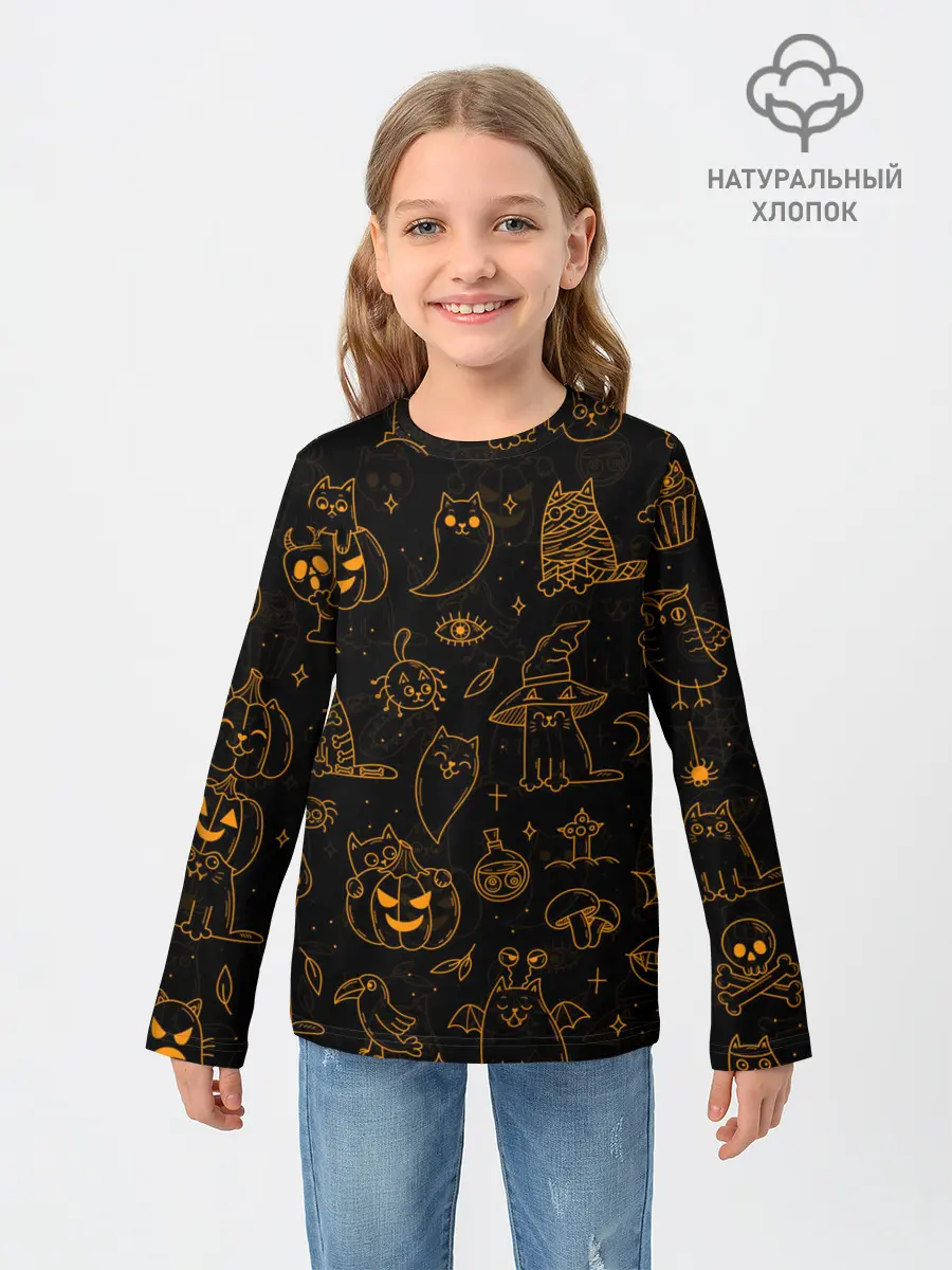 Детский лонгслив / ХЕЛЛОУИН ПАТТЕРН КОТИКИ / HALLOWEEN KITTY