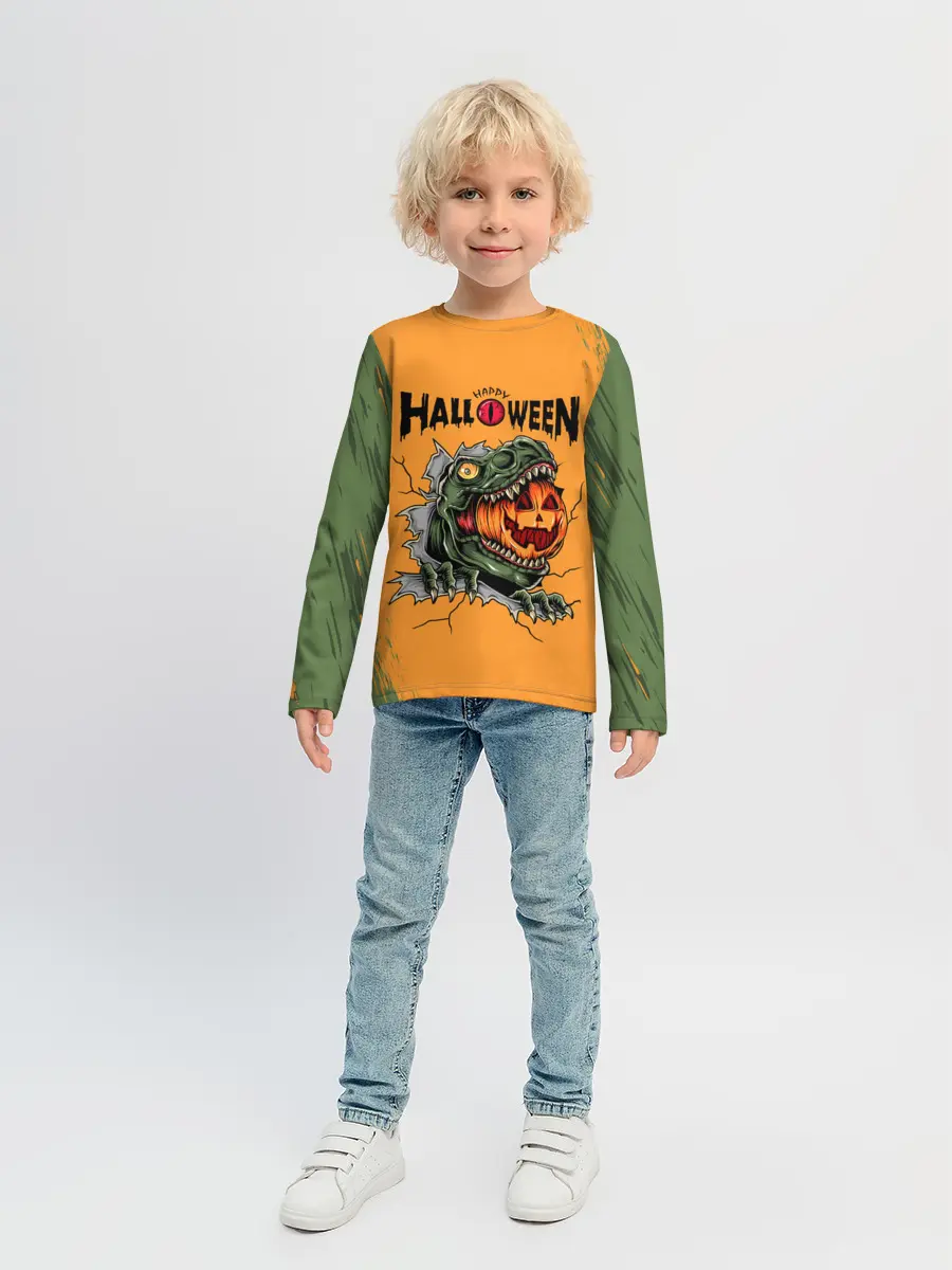 Детский лонгслив / Т-Рекс с тыквой в пасте | Хэллоуин