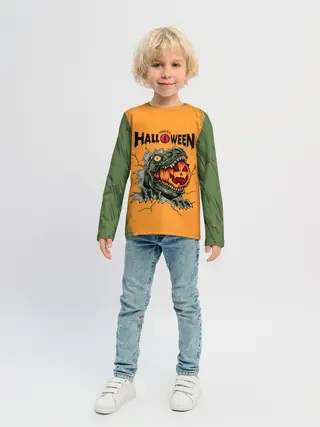 Детский лонгслив / Т-Рекс с тыквой в пасте | Хэллоуин