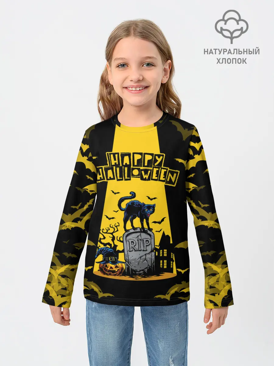 Детский лонгслив / КОТ НА КЛАДБИЩЕ | ХЕЛЛОУИН
