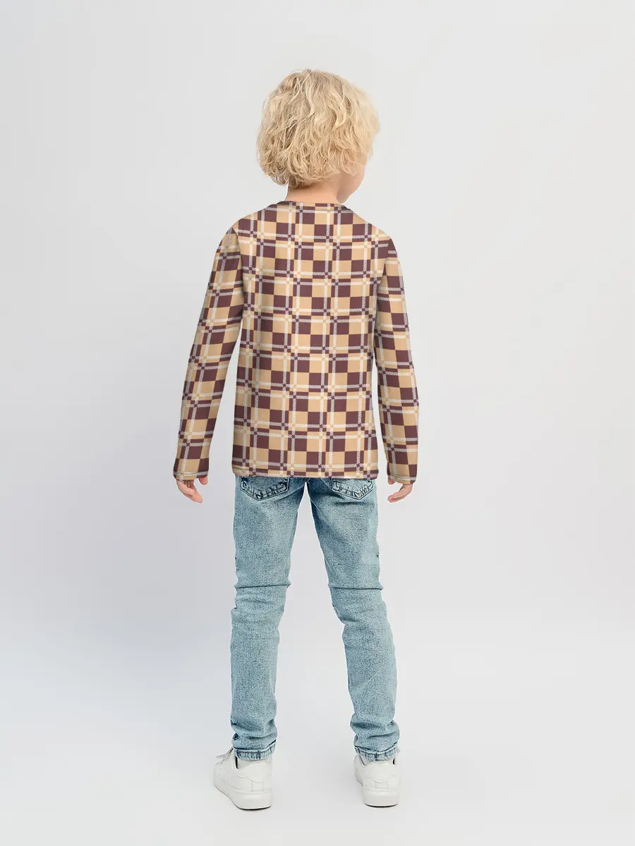 Детский лонгслив / Коричневые и бежевые квадраты с линями