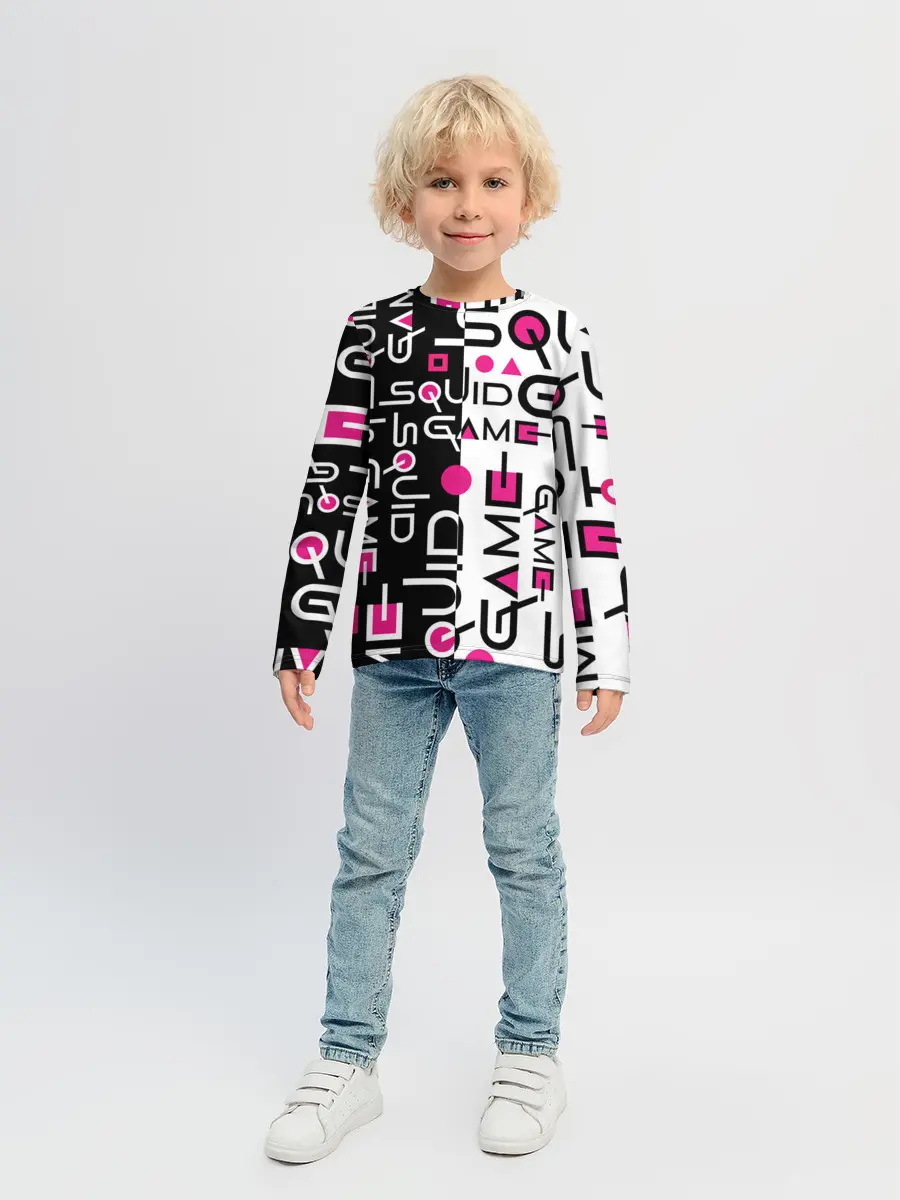 Детский лонгслив / ИГРА В КАЛЬМАРА / ЧЁРНО БЕЛЫЙ ПАТТЕРН ЛОГО