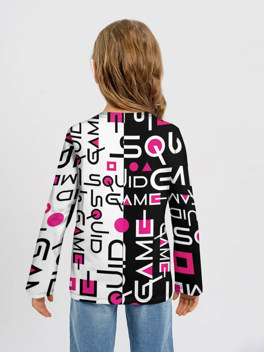 Детский лонгслив / ИГРА В КАЛЬМАРА / ЧЁРНО БЕЛЫЙ ПАТТЕРН ЛОГО