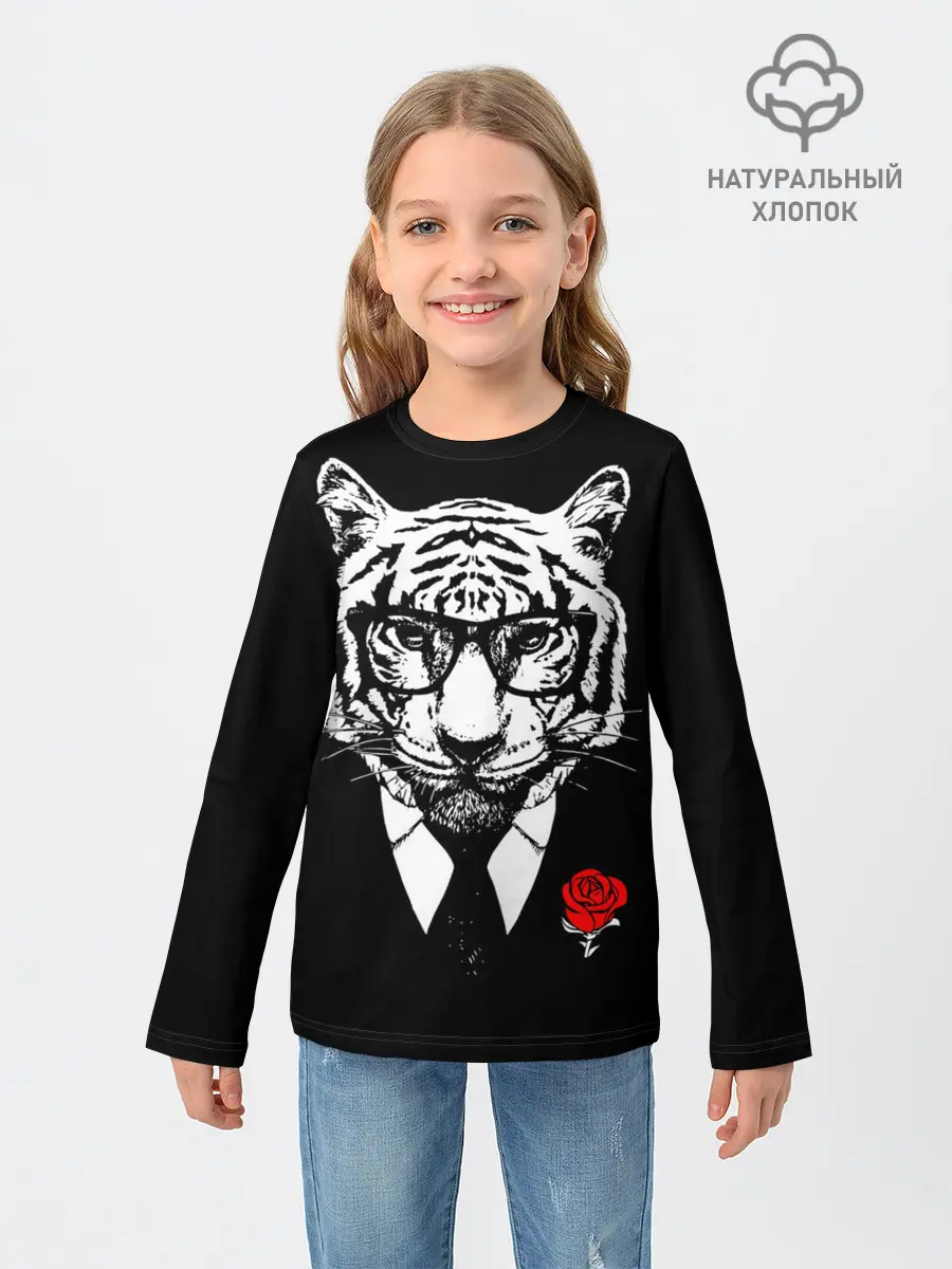 Детский лонгслив / Тигр с красной розой