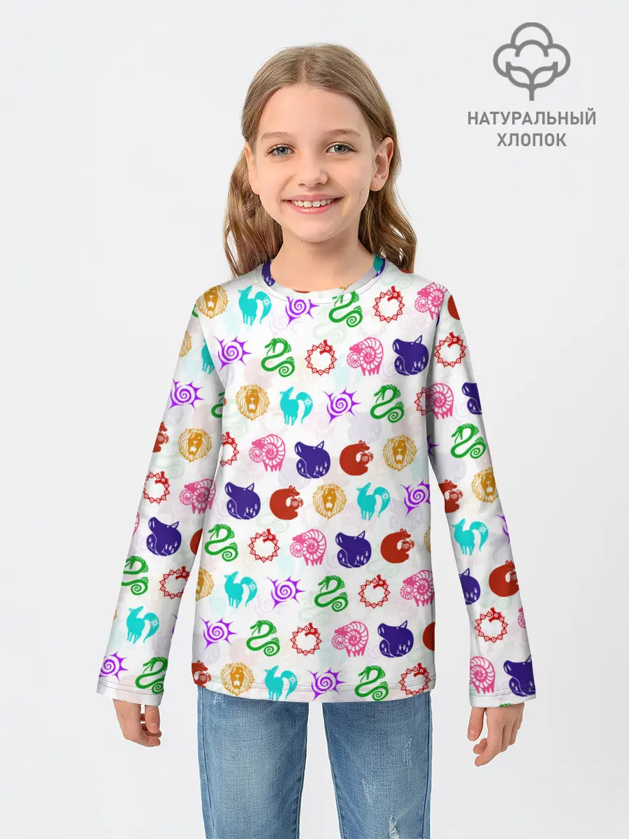 Детский лонгслив / 7 СМЕРТНЫХ ГРЕХОВ ЦВЕТНОЙ ПАТТЕРН СИМВОЛЫ