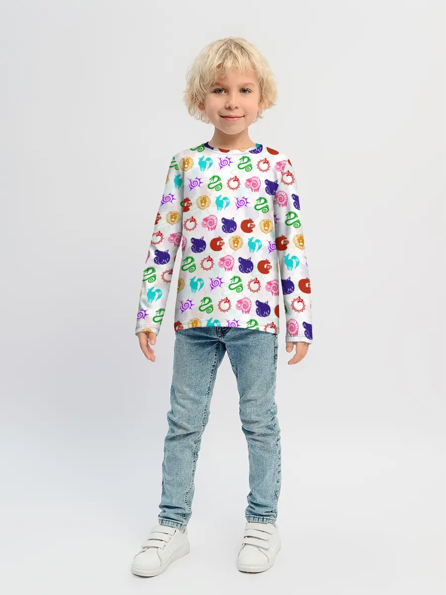 Детский лонгслив / 7 СМЕРТНЫХ ГРЕХОВ ЦВЕТНОЙ ПАТТЕРН СИМВОЛЫ