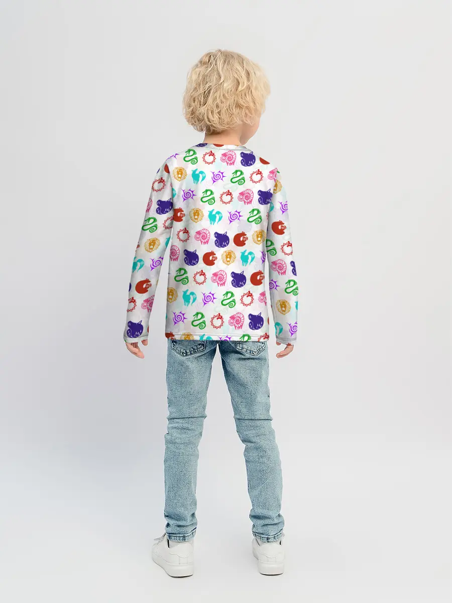 Детский лонгслив / 7 СМЕРТНЫХ ГРЕХОВ ЦВЕТНОЙ ПАТТЕРН СИМВОЛЫ