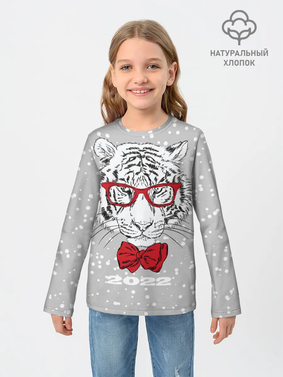 Детский лонгслив / Белый тигр с красным бантом