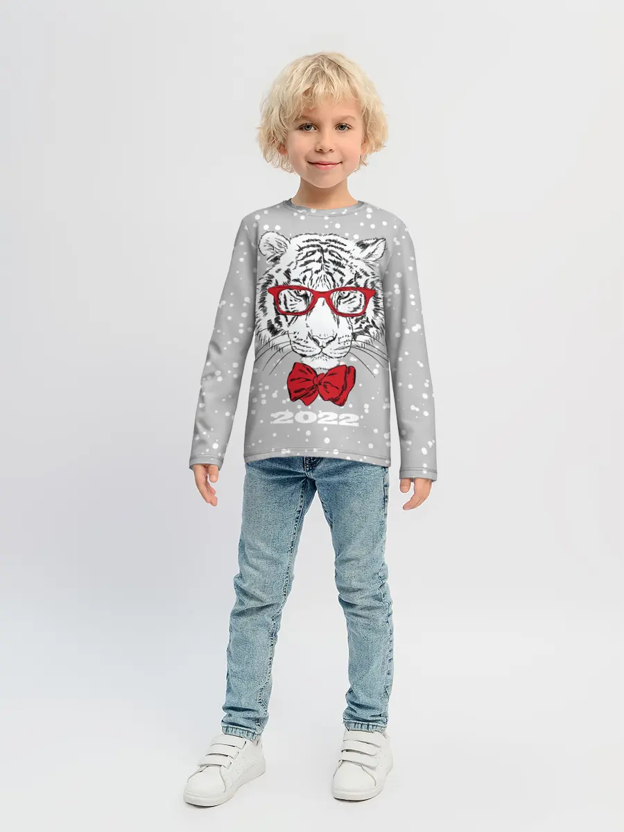 Детский лонгслив / Белый тигр с красным бантом