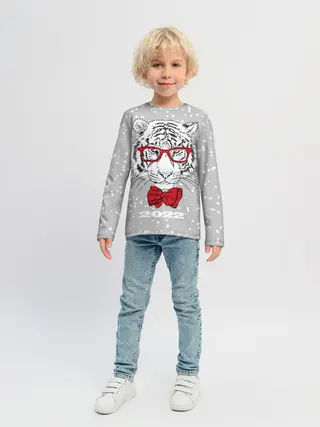 Детский лонгслив / Белый тигр с красным бантом