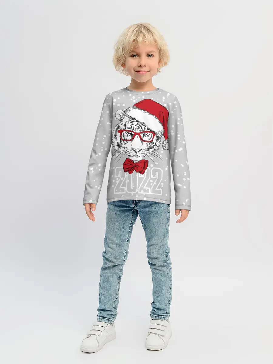 Детский лонгслив / Белый тигр в шапке Санты