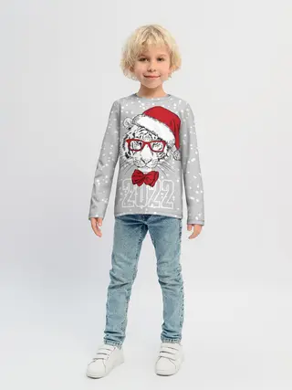 Детский лонгслив / Белый тигр в шапке Санты