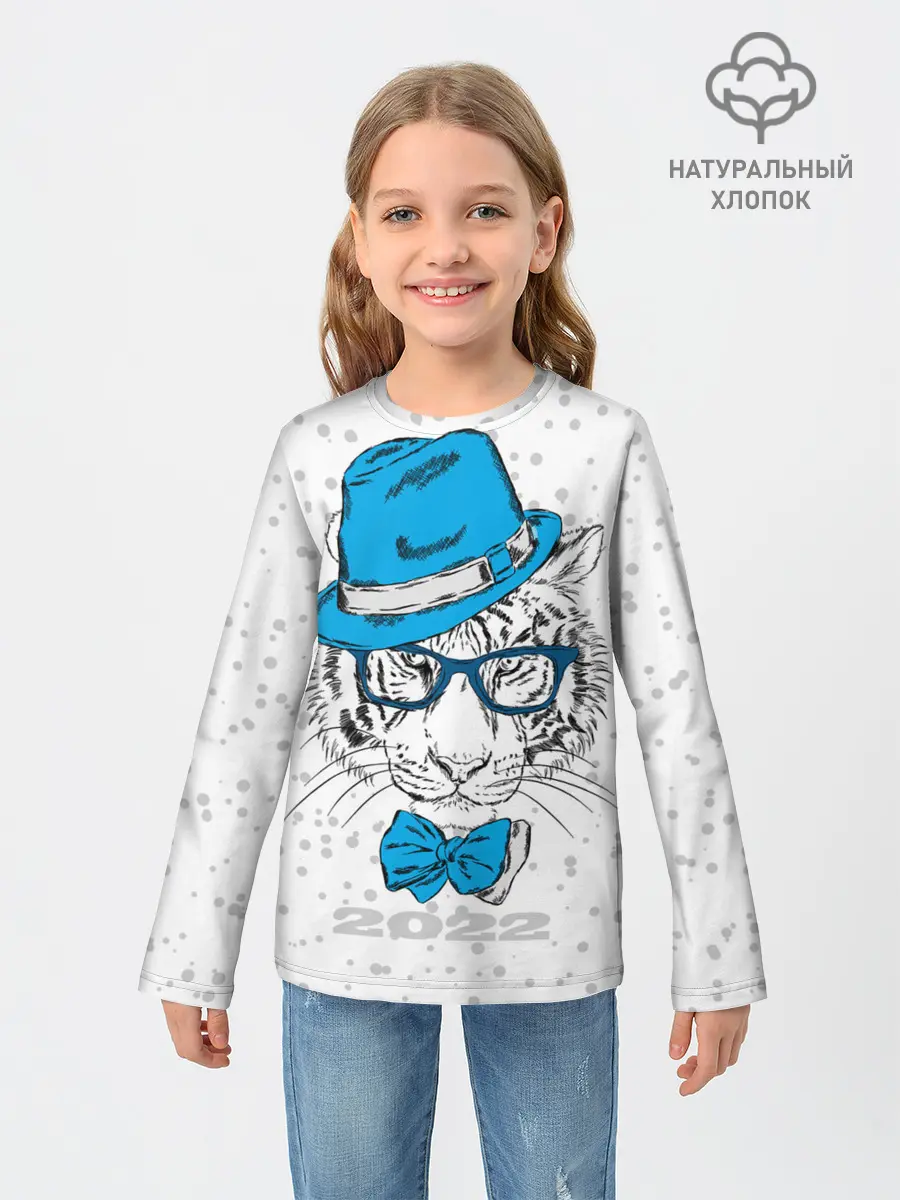Детский лонгслив / Белый тигр в синей шляпе
