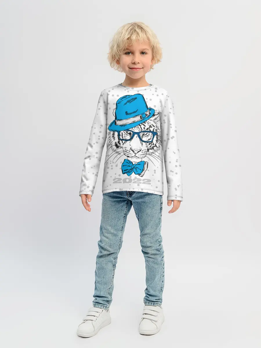 Детский лонгслив / Белый тигр в синей шляпе