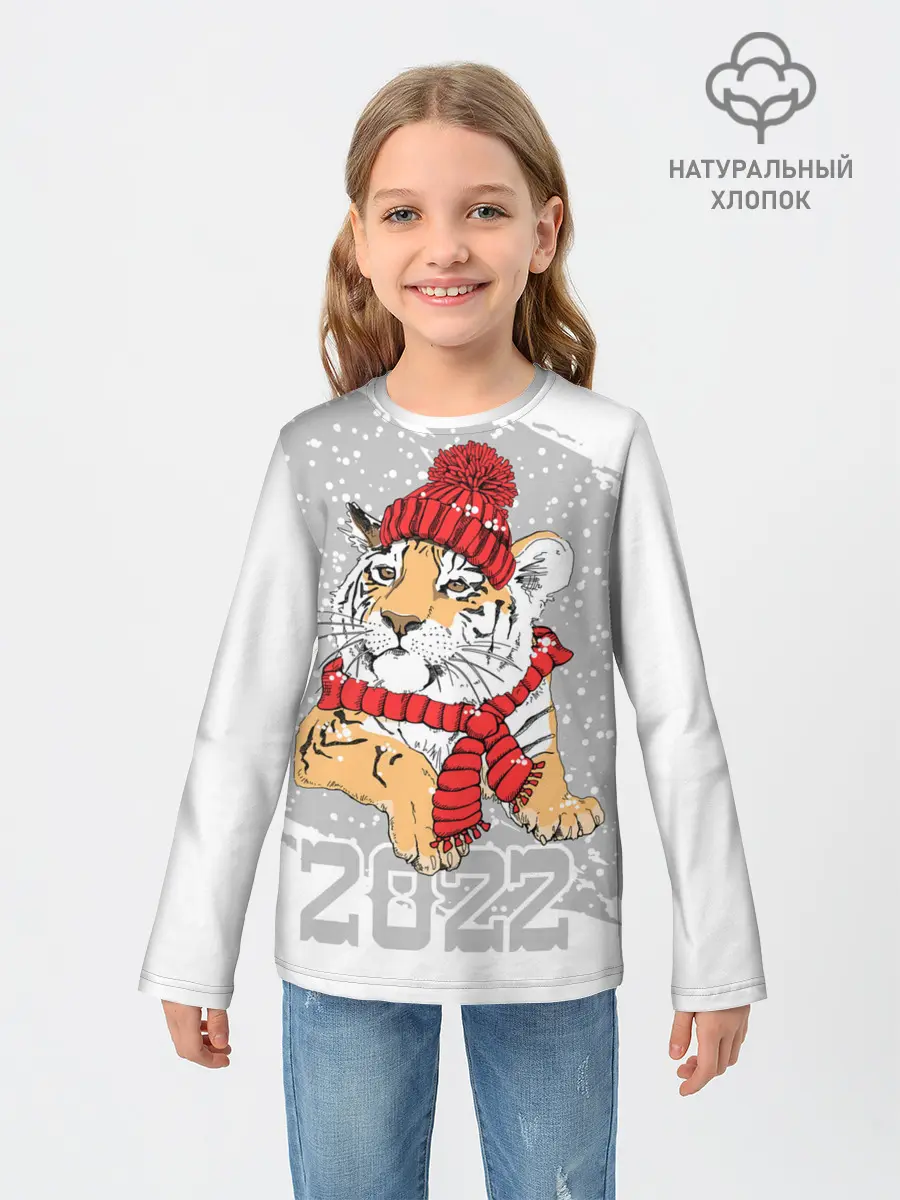 Детский лонгслив / Тигр в красной шапке