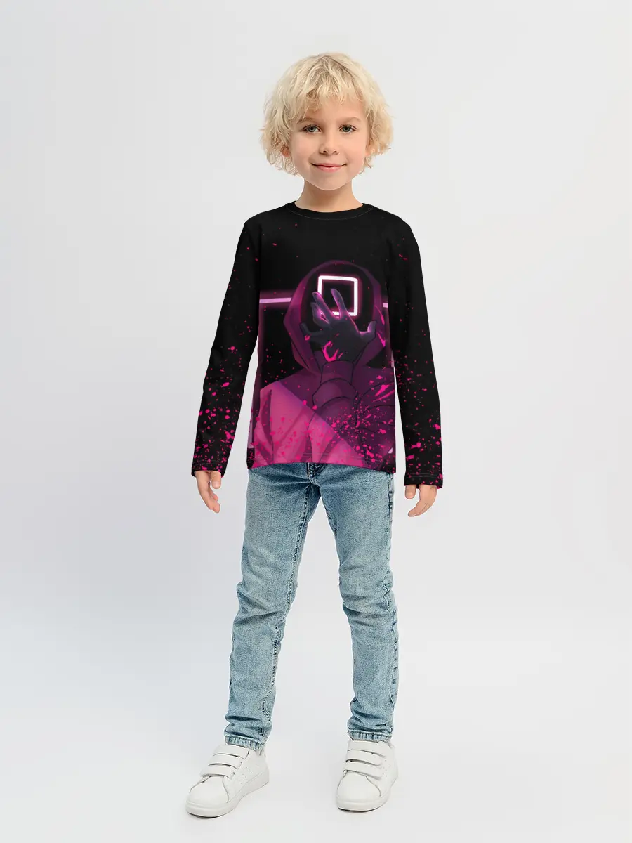 Детский лонгслив / ИГРА В КАЛЬМАРА НЕОН, СТРАЖ КВАДРАТ 029