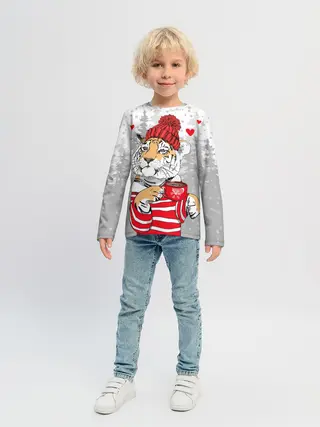 Детский лонгслив / Тигр с чашкой кофе