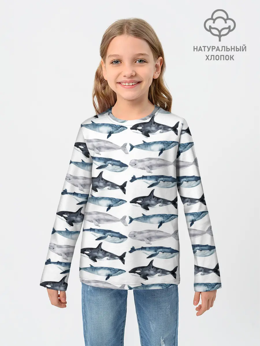 Детский лонгслив / принт с китами