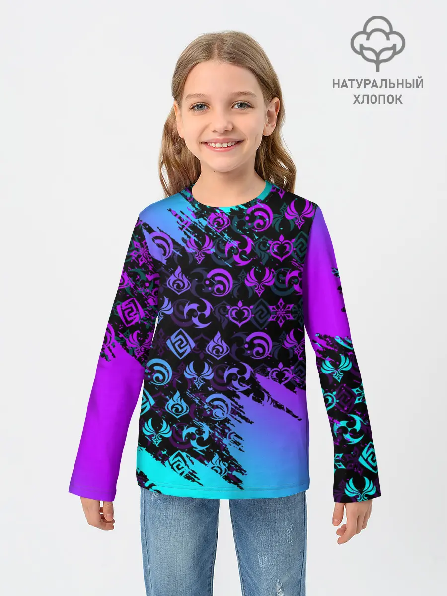 Детский лонгслив / GENSHIN NEON PATTERN SYMBOL / НЕОН ЭМБЛЕМЫ