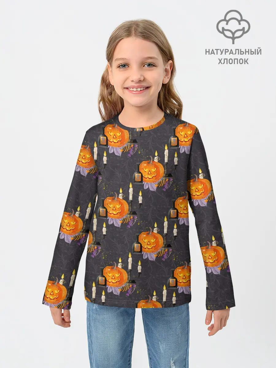 Детский лонгслив / Хэллоуин - тыквы и свечи