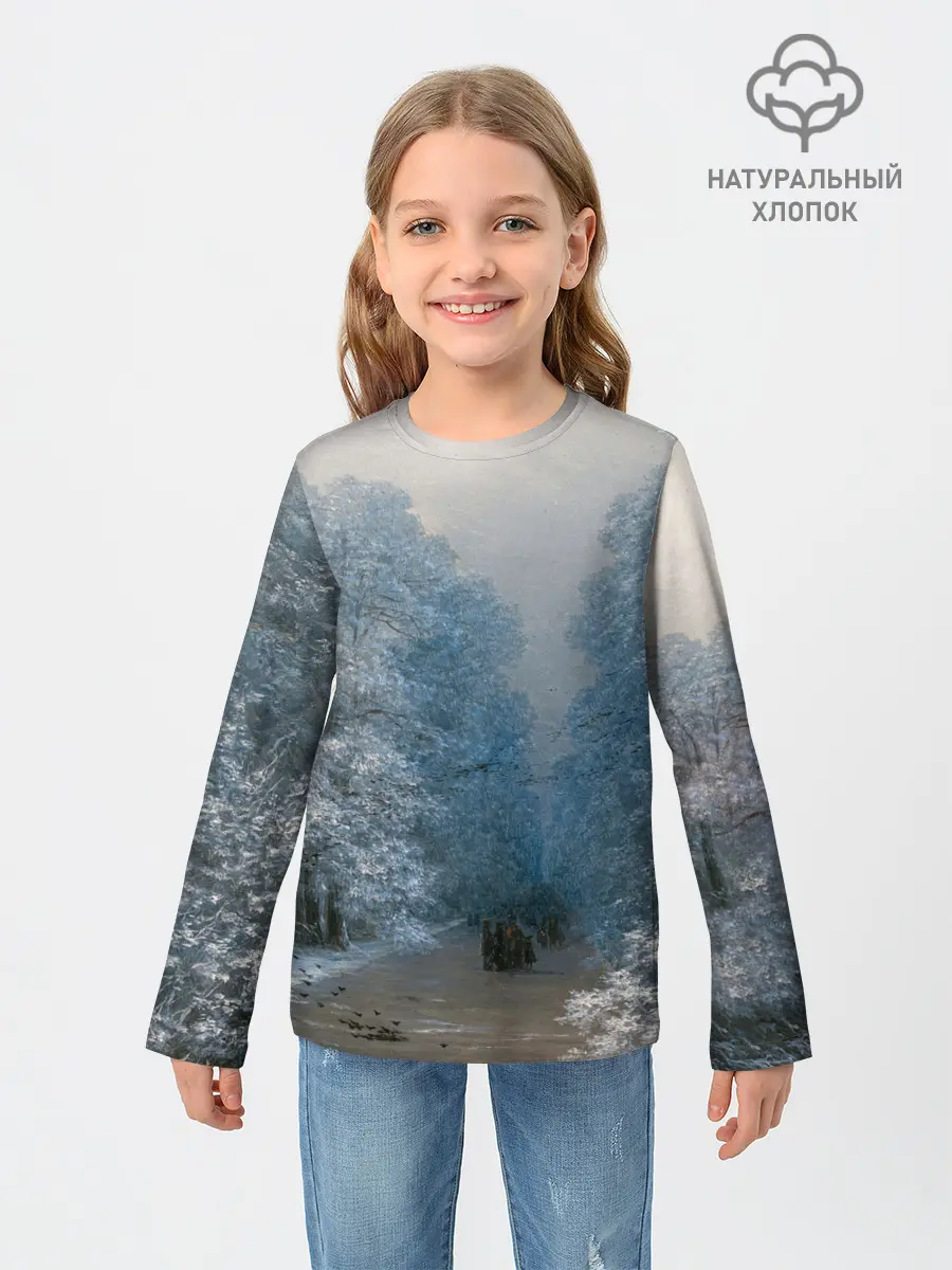 Детский лонгслив / Зимний пейзаж картина маслом
