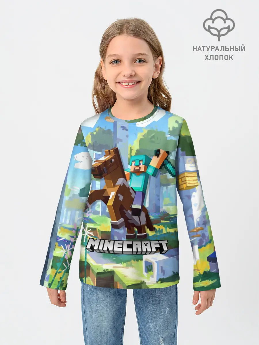 Детский лонгслив / Майнкрафт на коне в березовом лесу