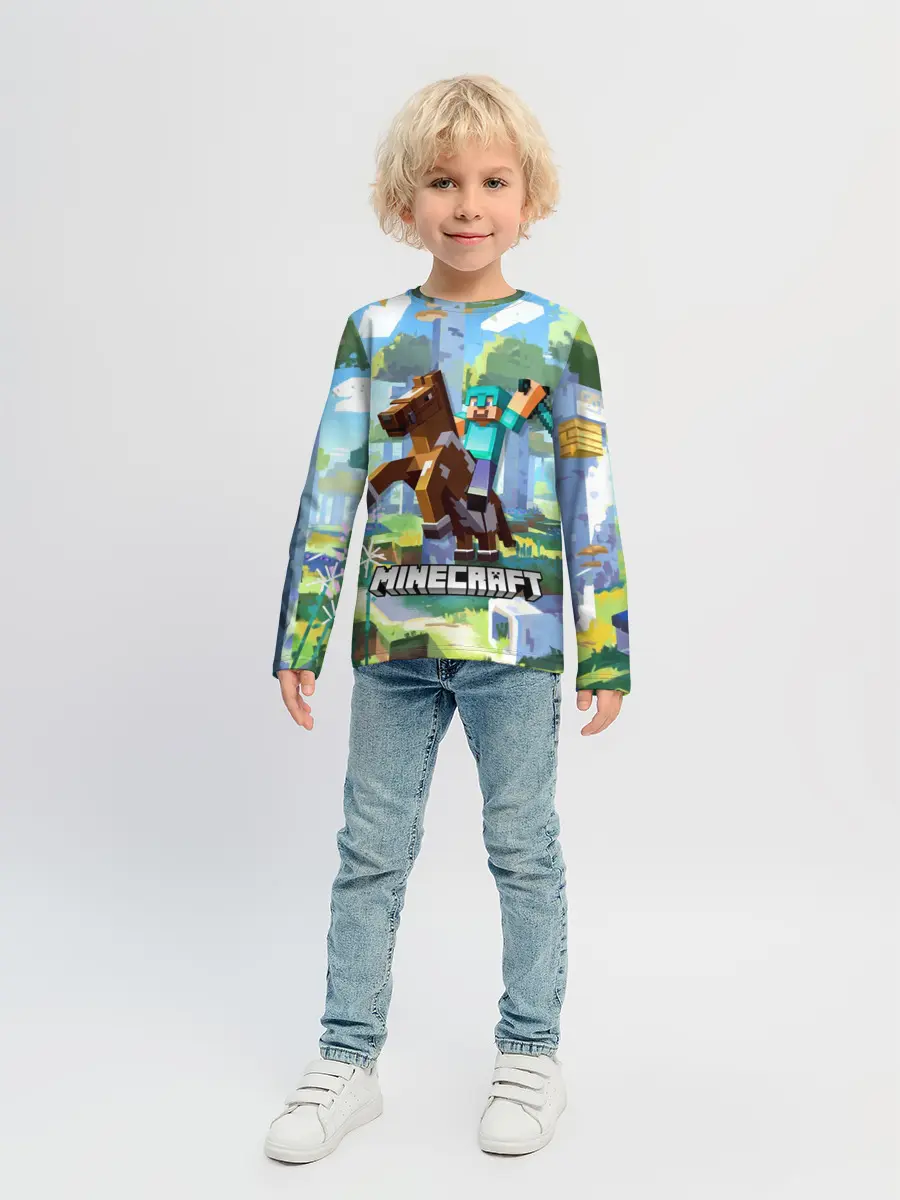 Детский лонгслив / Майнкрафт на коне в березовом лесу