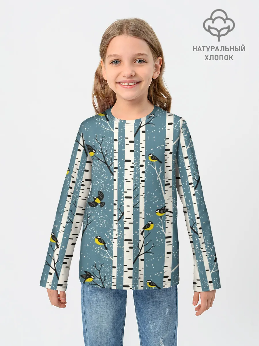 Детский лонгслив / Синички на берёзах