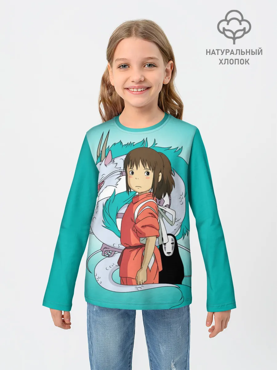 Детский лонгслив / Тихиро и Хаку зеленый фон